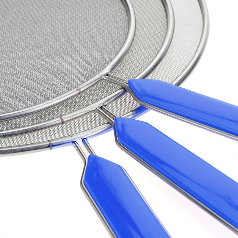Roe & Moe Grease Splatter Screens Guards Shields Frying Pan Pot Cooking Oil Cover Skillet Lid - Stainless Steel Mesh Blue Handle Set of 3: 8", 9.5", 11" - Image 3